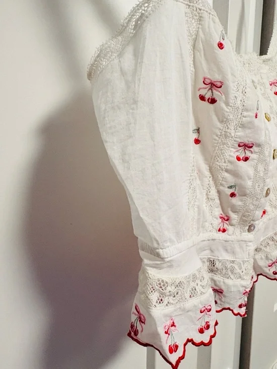 NWT [LoveShackFancy] Vietta Embroidered Cherry Lace Crop Top White Women’s XS - Picture 8 of 14